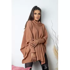 Blusa Feminina Tricot Poncho Kmono Manga Longa Gola Alta 