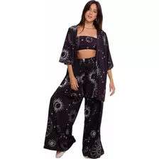 Conjunto Kimono + Calça + Top Feminino Estampa Mística 3 Pçs