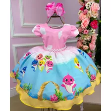 Vestido Infantil Baby Shark Brincando Fundo Mar Rosa Chiclet