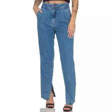 Calça Jeans Mom Feminina Com Pregas Cintura Alta Bolsos