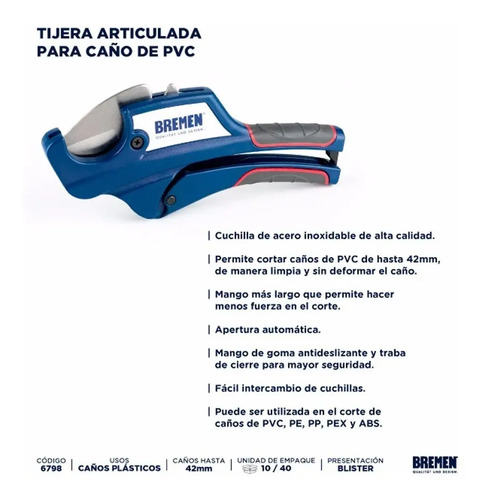 Tijera Corta Tubo Caño Fusion Pvc Ppl Bremen Profesional Cod. 6798 Dgm