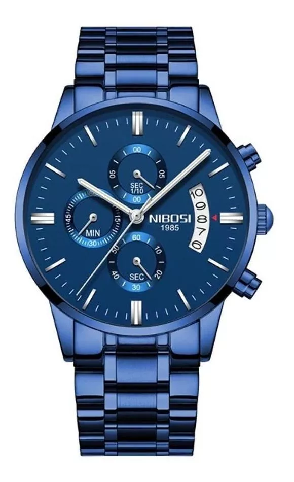 Relógio Nibosi 2309 Azul Aço Inox Ponteiros Peq Funcionais