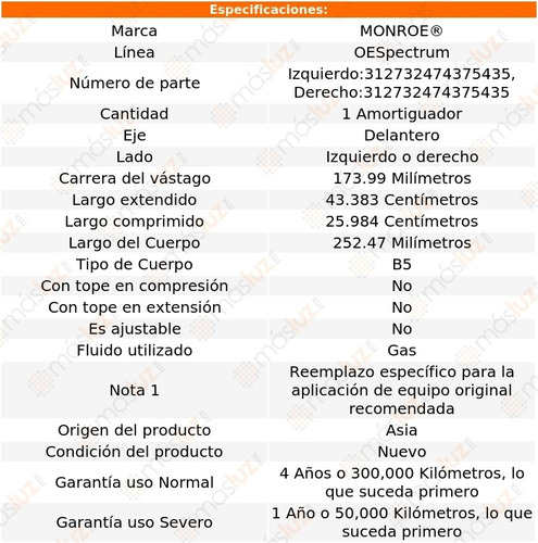 (1) Amortiguador Del Oespectrum Gas Der O Izq Sl1 91/02 Foto 2