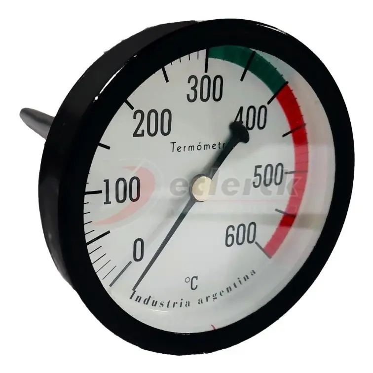Termómetro Reloj Para Horno 600° Vaina 20cm  Frente Negro Blanco Con Escala A Colores