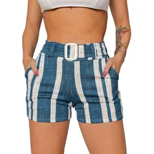 Short Feminino Cinto Crepe Curto Social Cintura Alta Bolso 