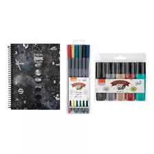 Kit Escolar Caderno Zodiaco Galaxia + Marcadores + Canetas