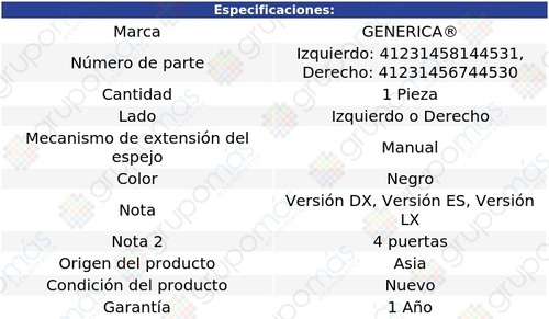 Espejo Lateral Der O Izq Manual Generica Mazda 626 98 Al 99 Foto 2