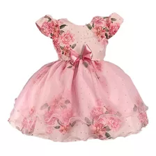 Vestido Infantil Rosa De Festa Rodado Com Tule E Laço