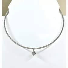 Colar Choker Rodio Branco Carvejado Zirconias Com Pingente