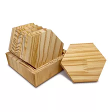 Kit Porta Copos Hexágono Com Caixote Decoração Madeira Pinus