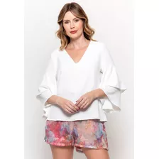 Blusa Bisô Manga Dupla Babados Off White