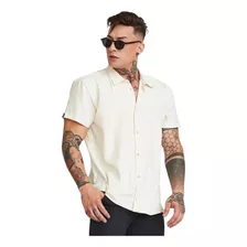 Camisa Masculina Manga Curta Viscose Com Linho Crú Casual 