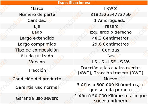 1- Amortiguador Gas Trasero Izq/der Rodeo 4wd, Rwd 98/04 Trw Foto 2