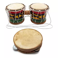 Kit Bongô C/ Corda + Pandeiro Em Pele Couro Instrumento