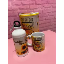 Kit Caneca Garrafa E Bolsa Girassol