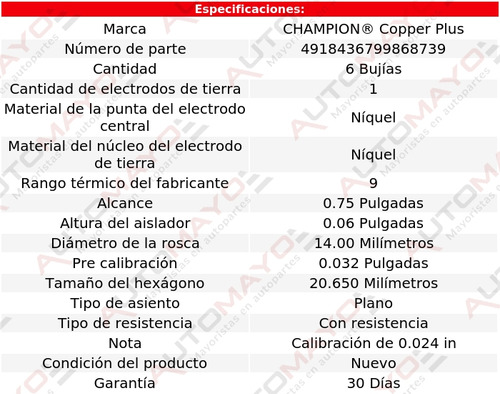 Kit 6 Bujas Cobre Champion Sm 2.7l 6 Cil 71-75 Foto 2