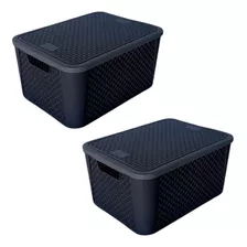 Jg De 2 Unid Cesta Organizadora Rattan Grande 38,5cm C/tampa Cor Preto