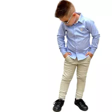 Conjunto Infantil Masculino Camisa Azul Claro + Calça Bege