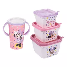 Kit Lancheira Infantil Copo E 3 Potes Mickey Minnie Disney