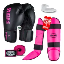 Kit Muay Thai Luva Bandagem Caneleira Bucal Pro Pink 10oz