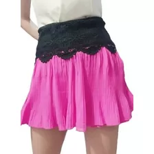 Pollera Fucsia Plisada Con Guipur