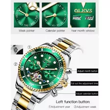 Relojes Automáticos Impermeables De Lujo Olevs 6605 Color Del Fondo Verde Plata