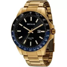 Relógio Seculus Masculino Long Life Dourado Cor Da Correia Dourado Cor Do Bisel Preto/azul Cor Do Fundo Preto