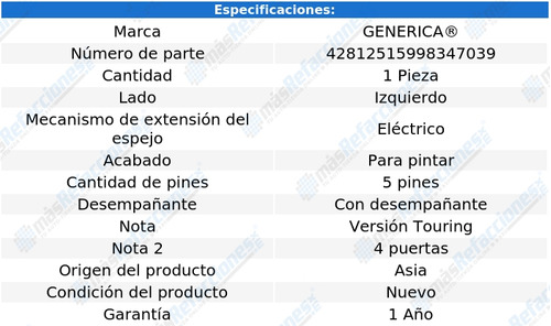 (1) Espejo Izquierdo Elect Generica Rdx Del 2008 Al 2012 Foto 2