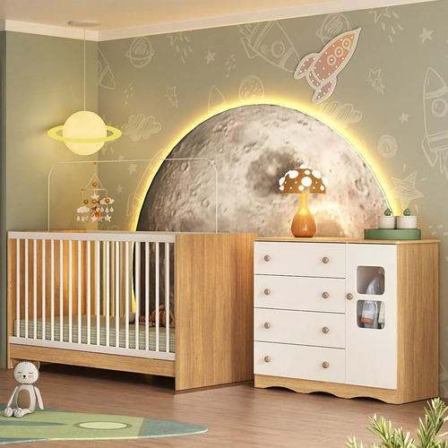 Berço 3 Em 1 Para Colchão 130x60cm Com Cômoda 1 Porta 4 Gavetas Serena Multimóveis Mp4741 Madeirado/branco