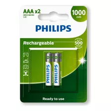 02 Pilhas Aaa Philips Recarregável 1000mah 3a Palito 1 Cartela