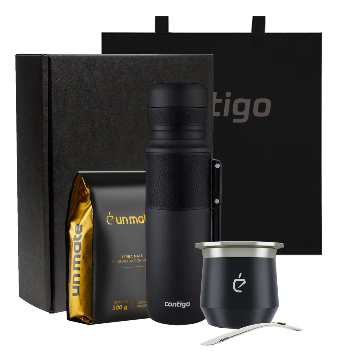 Set Box Caja Regalo Termo Contigo 1.2l + Un Mate + Yerba Negro
