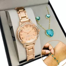 Relógio Feminino Rose Gold C/ Pedra Kit Corrente E Pulseira 