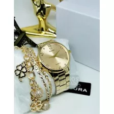 Relógio Feminino Eura Dourado/caixa Premium A Prova D'água
