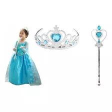 Vestido Fantasia Infantil Rainha Elsa + Coroa E Varinha Elsa