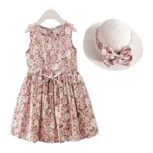 Vestido Niña Verano Floral Azul Sin Manga Sombrero De Regalo