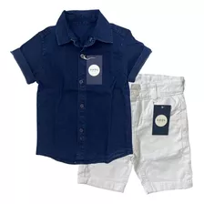 Conjunto Branco Infantil Bermuda Branca +camisa Jeans Menino