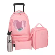 Conjunto Escolar 4 Peças Mochila Lancheira Estojo Garrafinha Run Pack Coração Rosa Xtrem By Samsonite