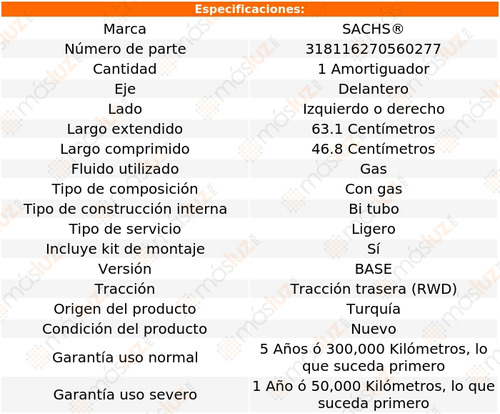 (1) Amortiguador Gas Del Izq/der Clk500 V8 5.5l 07/09 Sachs Foto 2