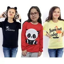 Kit 06 Camisetas Infantil Manga Longa Menina 100% Algodão