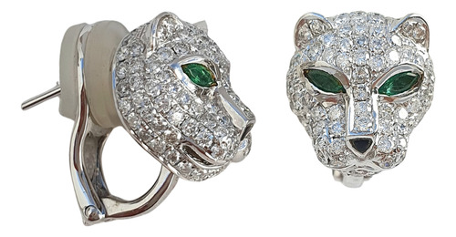 Brinco Pantera Diamantes 1,9ct E Esmeraldas De Ouro 18k 750 Branco