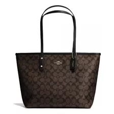 Bolsa Coach Dama City Tote Dark Brown Con Botón Acabado De Los Herrajes Níquel Color Marrón Correa De Hombro Negro Diseño De La Tela Rayado