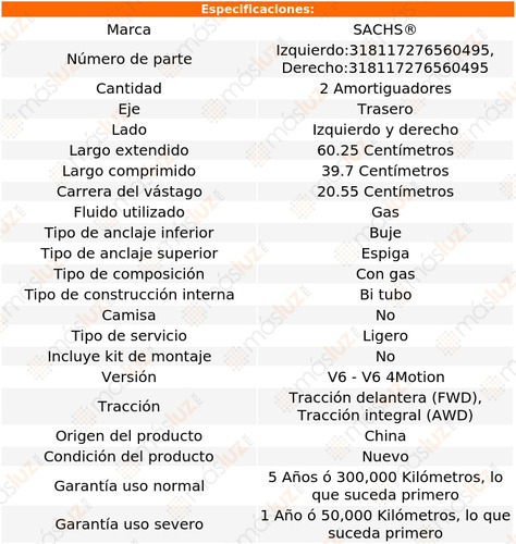 2- Amortiguadores Gas Traseros Passat V6 2.8l 99/05 Sachs Foto 2