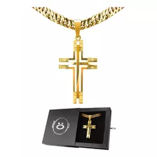 Colar Corrente Crucifixo Pesado Grande Masculino Aço Dourado