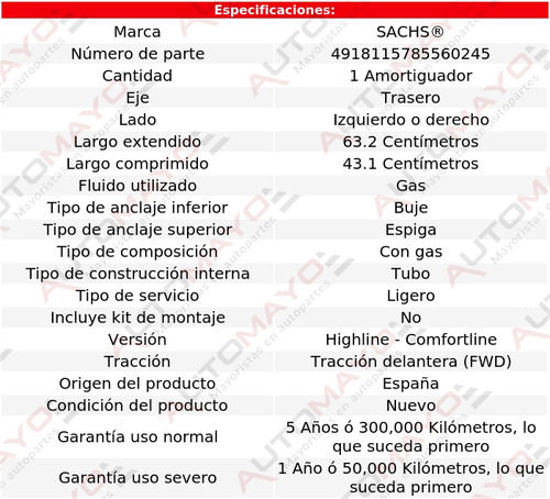 1 - Amortiguador Gas Tras Izq/der Sachs Polo L4 1.2l 13-14 Foto 2