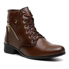 Bota Feminino Cano Baixo Coturno Cadarço Couro Ecológico 