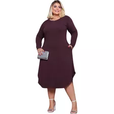 Vestidos Plus Size Manga Longa Feminina Soltinho Com Bolsos