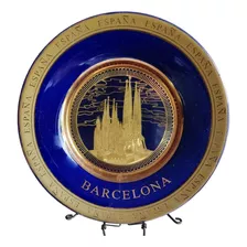 Plato Decorativo Azul Cobalto Y Oro Catedral Barcelona