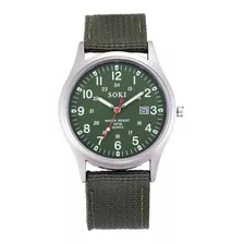 Reloj Militar Acero Cuarzo Marca Soki Color Verde Lona