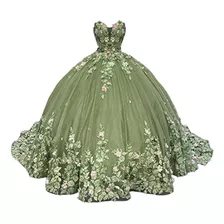 Vestido De Xv Quinceañera Verde Tul Brillante Con Flores