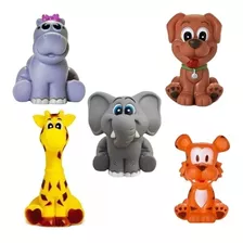 Kit 5 Brinquedos Vinil P/ Bebê Girafa Tigre Cão Hipop Elefan
